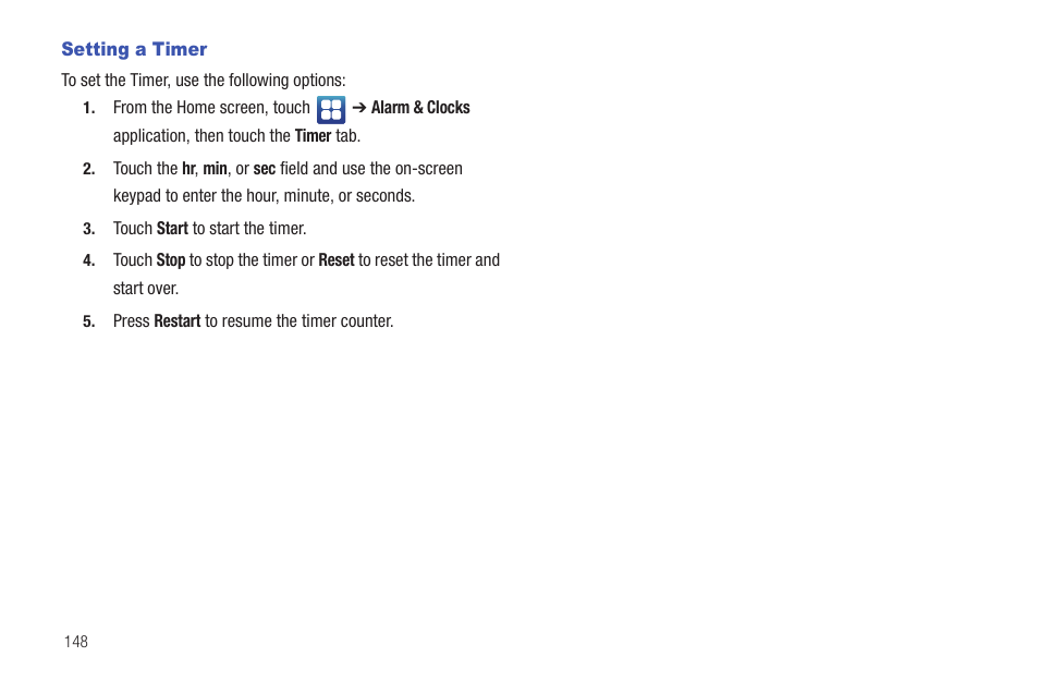 Setting a timer | Samsung SGH-T959ZKBTMK User Manual | Page 152 / 219