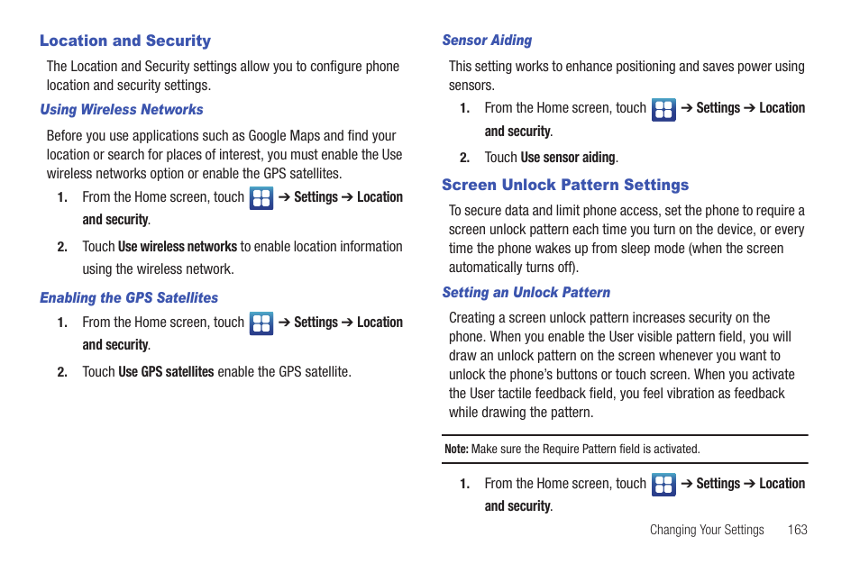 Location and security, Screen unlock pattern settings | Samsung SGH-T959ZKBTMK User Manual | Page 167 / 219