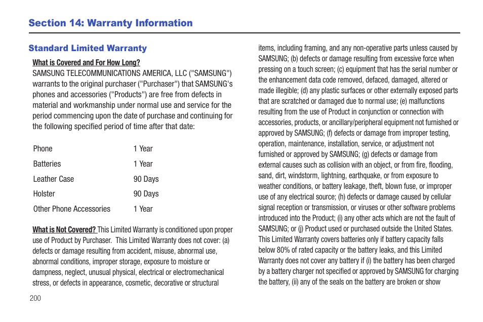 Section 14: warranty information, Standard limited warranty | Samsung SGH-T959ZKBTMK User Manual | Page 204 / 219