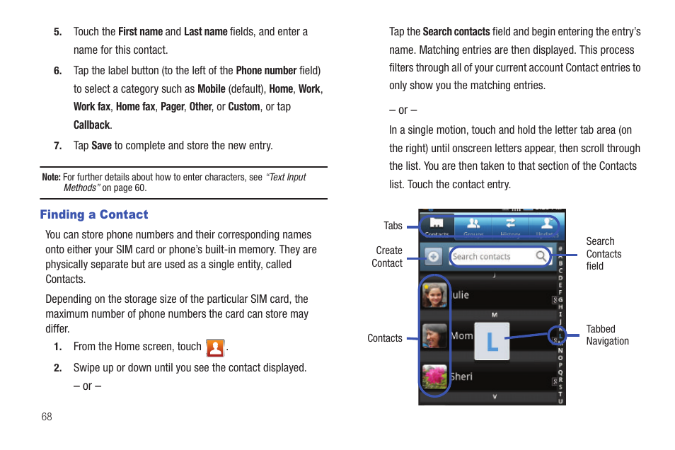 Finding a contact | Samsung SGH-T959ZKBTMK User Manual | Page 72 / 219