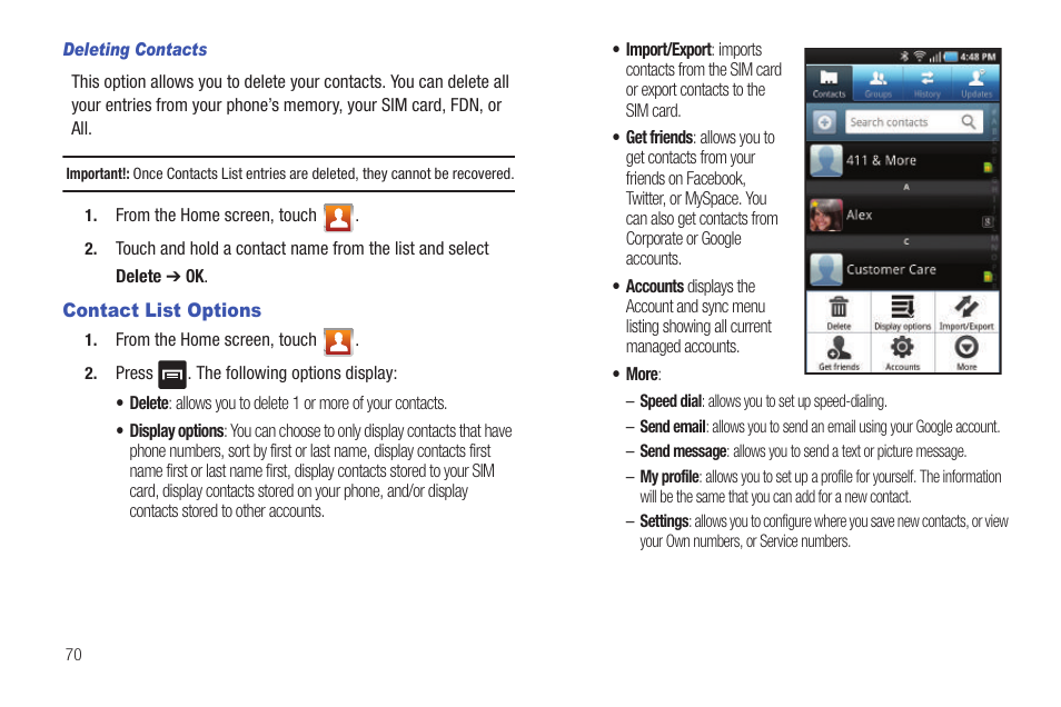 Contact list options | Samsung SGH-T959ZKBTMK User Manual | Page 74 / 219