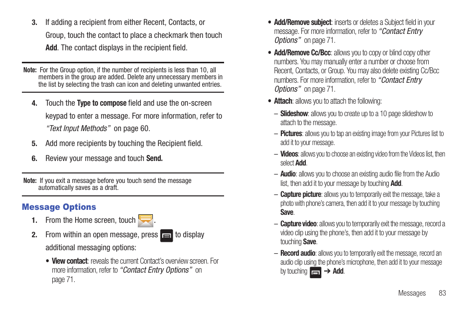 Message options | Samsung SGH-T959ZKBTMK User Manual | Page 87 / 219