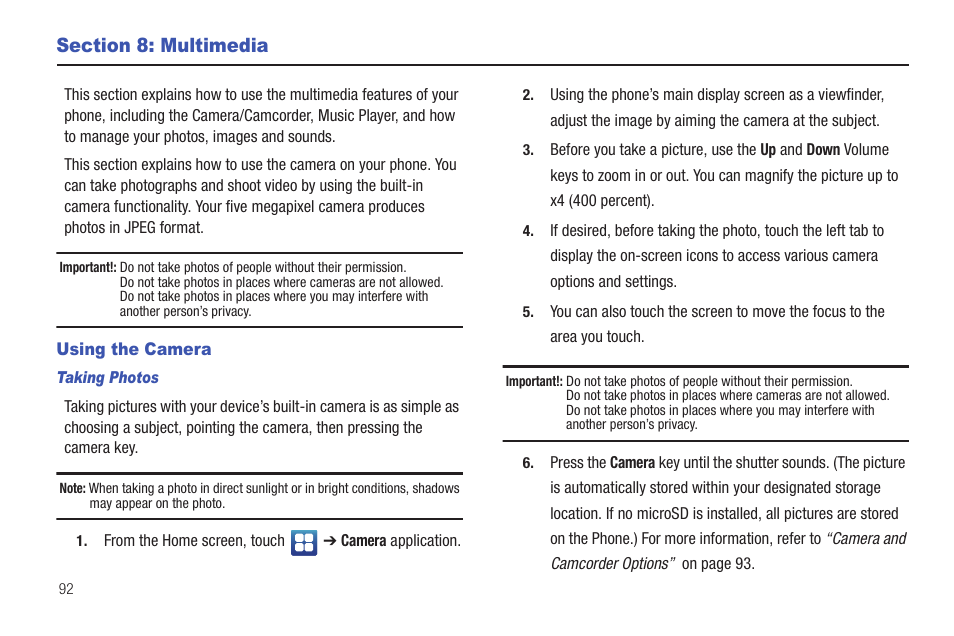 Section 8: multimedia, Using the camera | Samsung SGH-T959ZKBTMK User Manual | Page 96 / 219