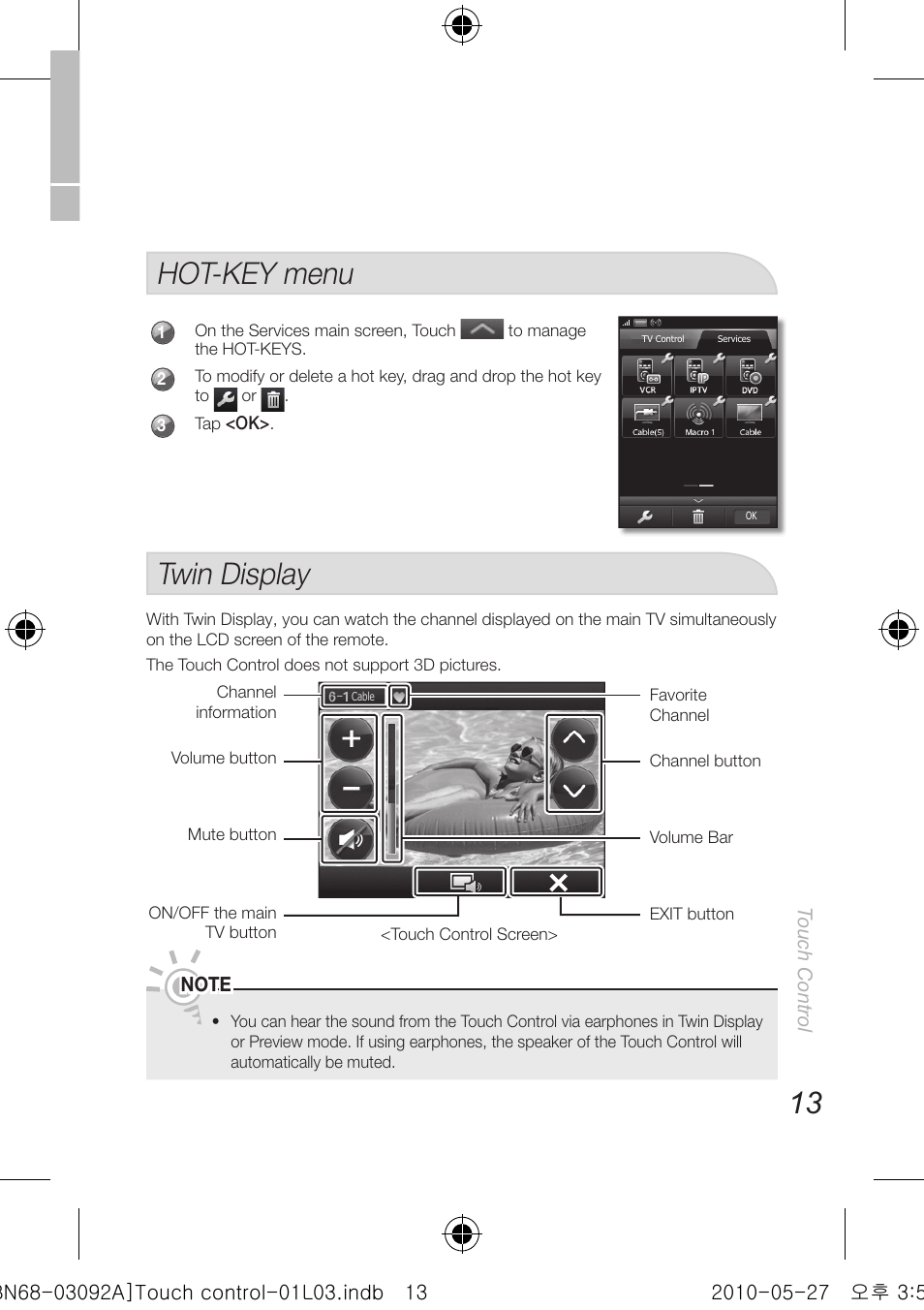 Hot-key menu, Twin display | Samsung UN46C9000ZFXZA User Manual | Page 13 / 74