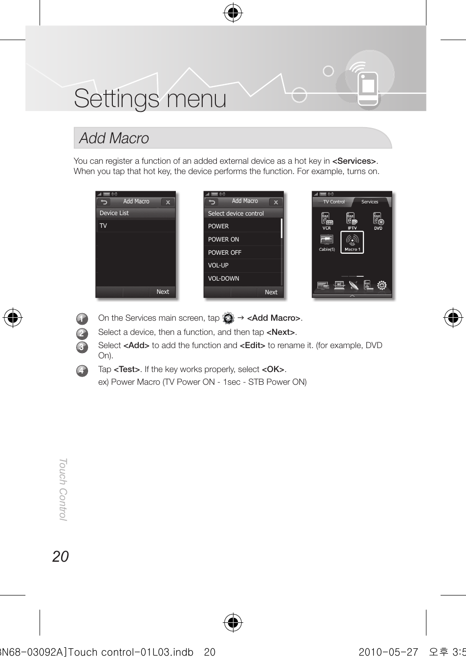 Settings menu, Add macro | Samsung UN46C9000ZFXZA User Manual | Page 20 / 74