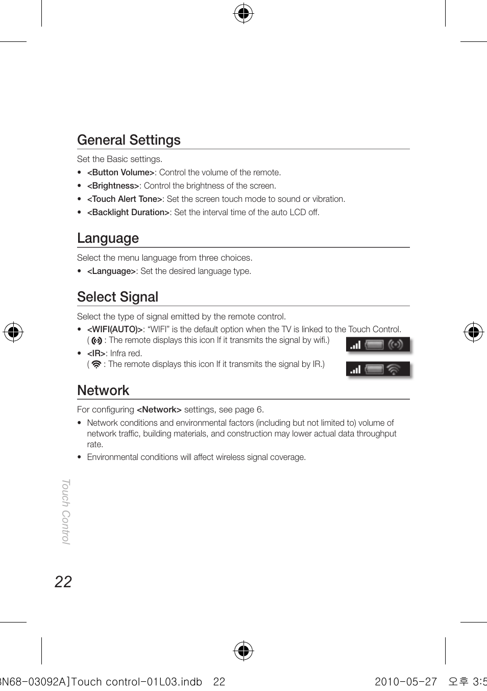 General settings, Language, Select signal | Network | Samsung UN46C9000ZFXZA User Manual | Page 22 / 74