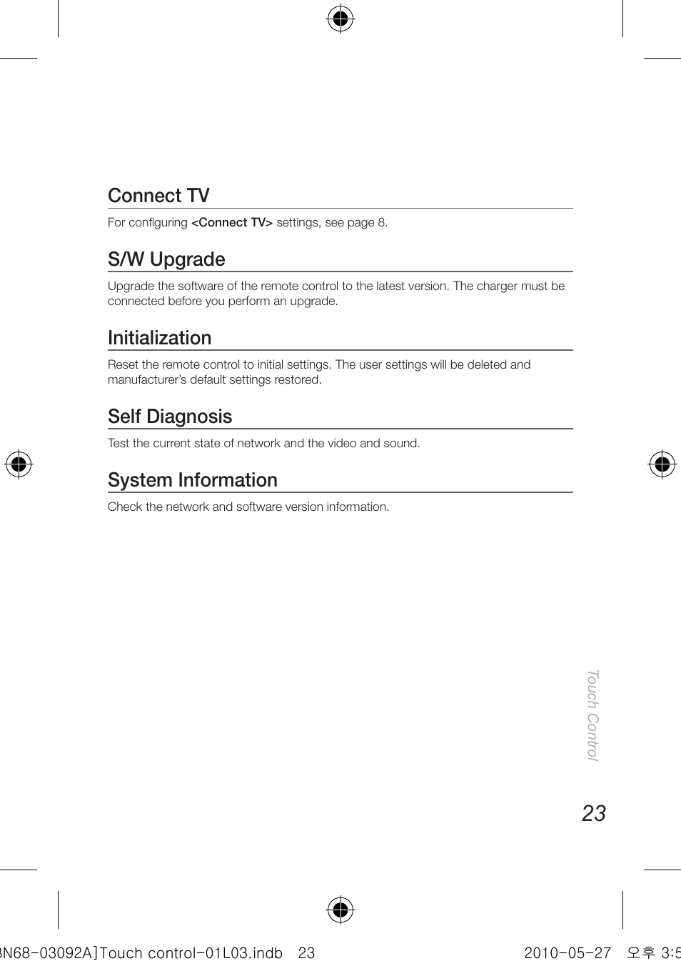 Connect tv, S/w upgrade, Initialization | Self diagnosis, System information | Samsung UN46C9000ZFXZA User Manual | Page 23 / 74