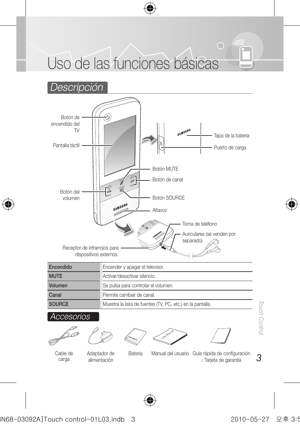 Uso de las funciones básicas, Descripción, Accesorios | Touch control | Samsung UN46C9000ZFXZA User Manual | Page 27 / 74