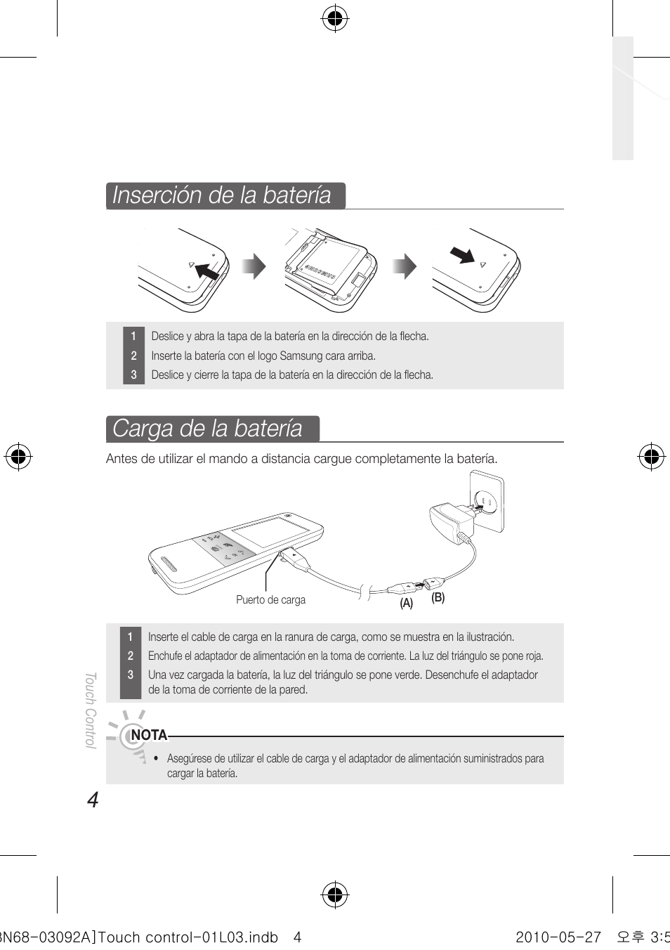 Carga de la batería, Inserción de la batería, Touch control | Nota | Samsung UN46C9000ZFXZA User Manual | Page 28 / 74