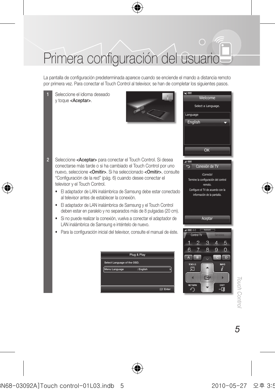 Primera confi guración del usuario, Touch control | Samsung UN46C9000ZFXZA User Manual | Page 29 / 74