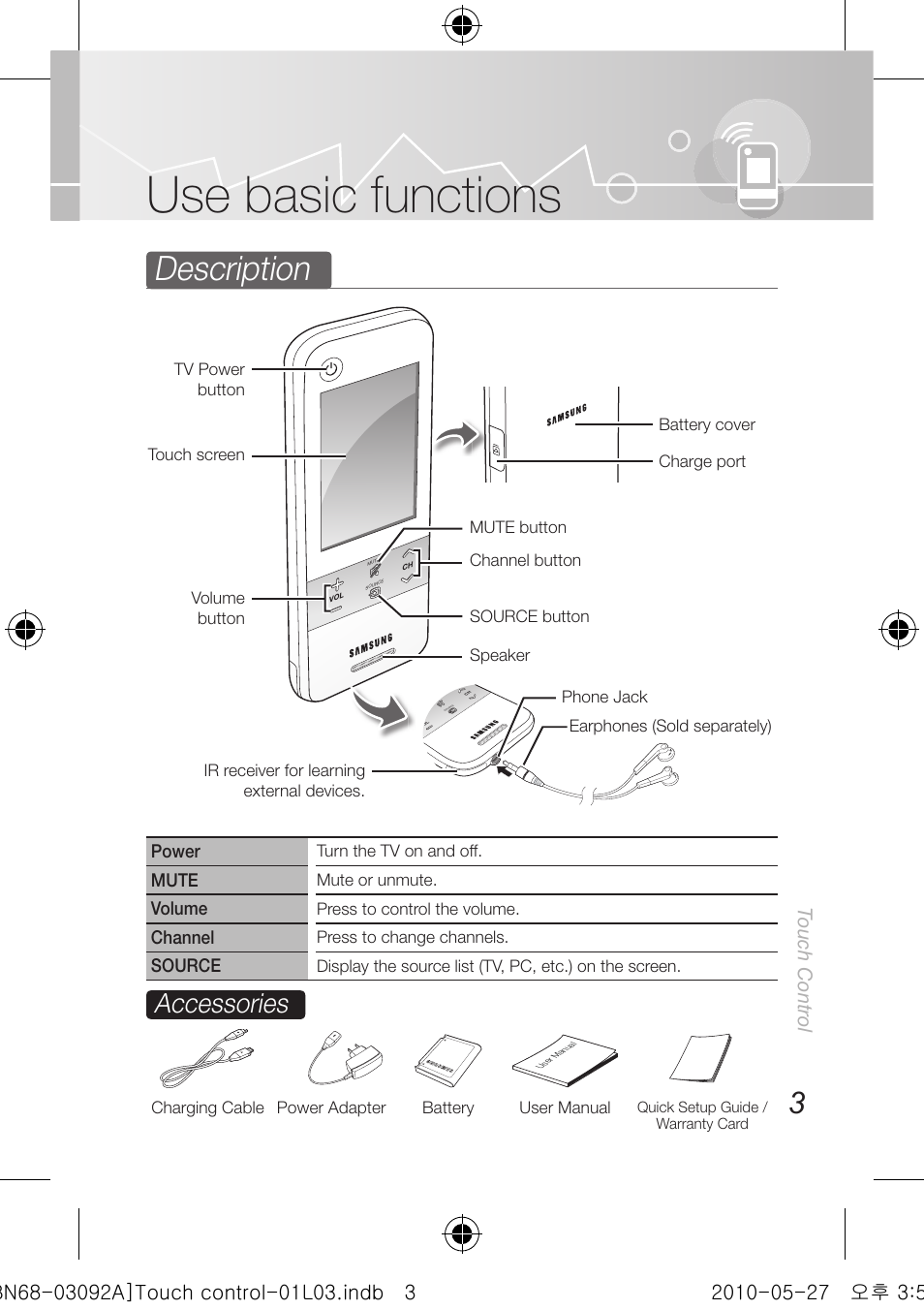 Use basic functions, Description, Accessories | Touch control | Samsung UN46C9000ZFXZA User Manual | Page 3 / 74
