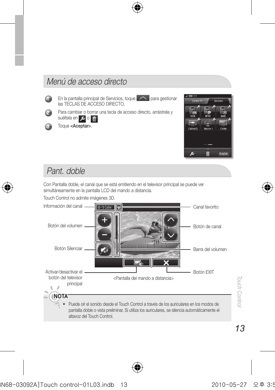 Menú de acceso directo, Pant. doble | Samsung UN46C9000ZFXZA User Manual | Page 37 / 74