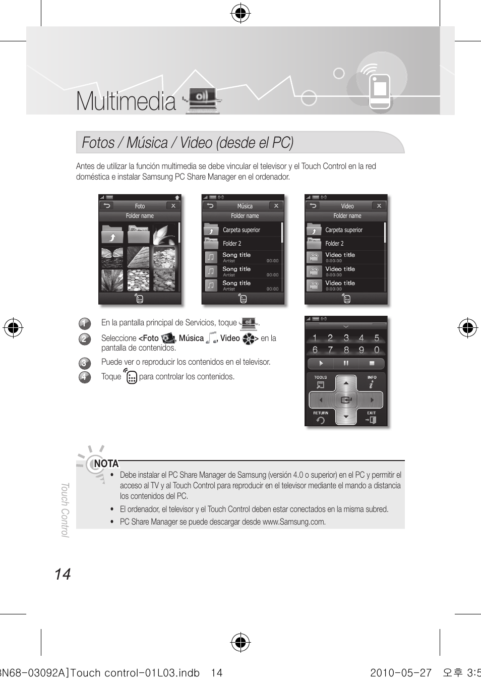Multimedia, Fotos / música / video (desde el pc) | Samsung UN46C9000ZFXZA User Manual | Page 38 / 74