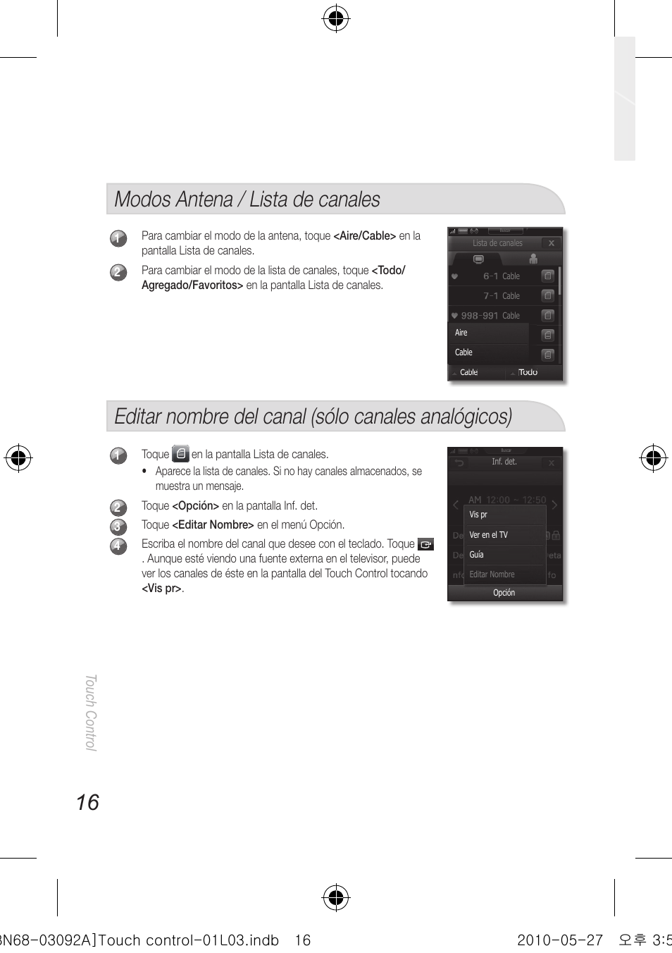 Modos antena / lista de canales, Editar nombre del canal (sólo canales analógicos), Touch control | Samsung UN46C9000ZFXZA User Manual | Page 40 / 74