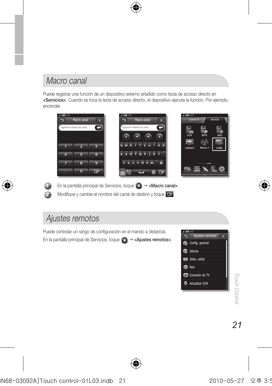 Macro canal, Ajustes remotos, Touch control | Samsung UN46C9000ZFXZA User Manual | Page 45 / 74