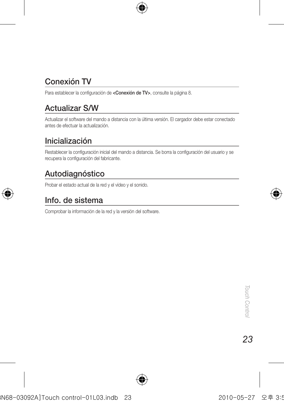 Conexión tv, Actualizar s/w, Inicialización | Autodiagnóstico, Info. de sistema | Samsung UN46C9000ZFXZA User Manual | Page 47 / 74