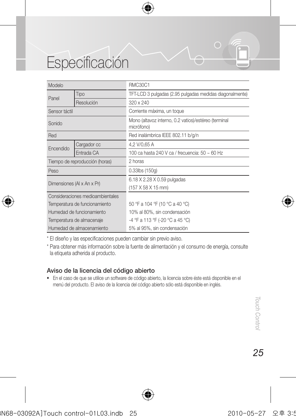 Especifi cación | Samsung UN46C9000ZFXZA User Manual | Page 49 / 74