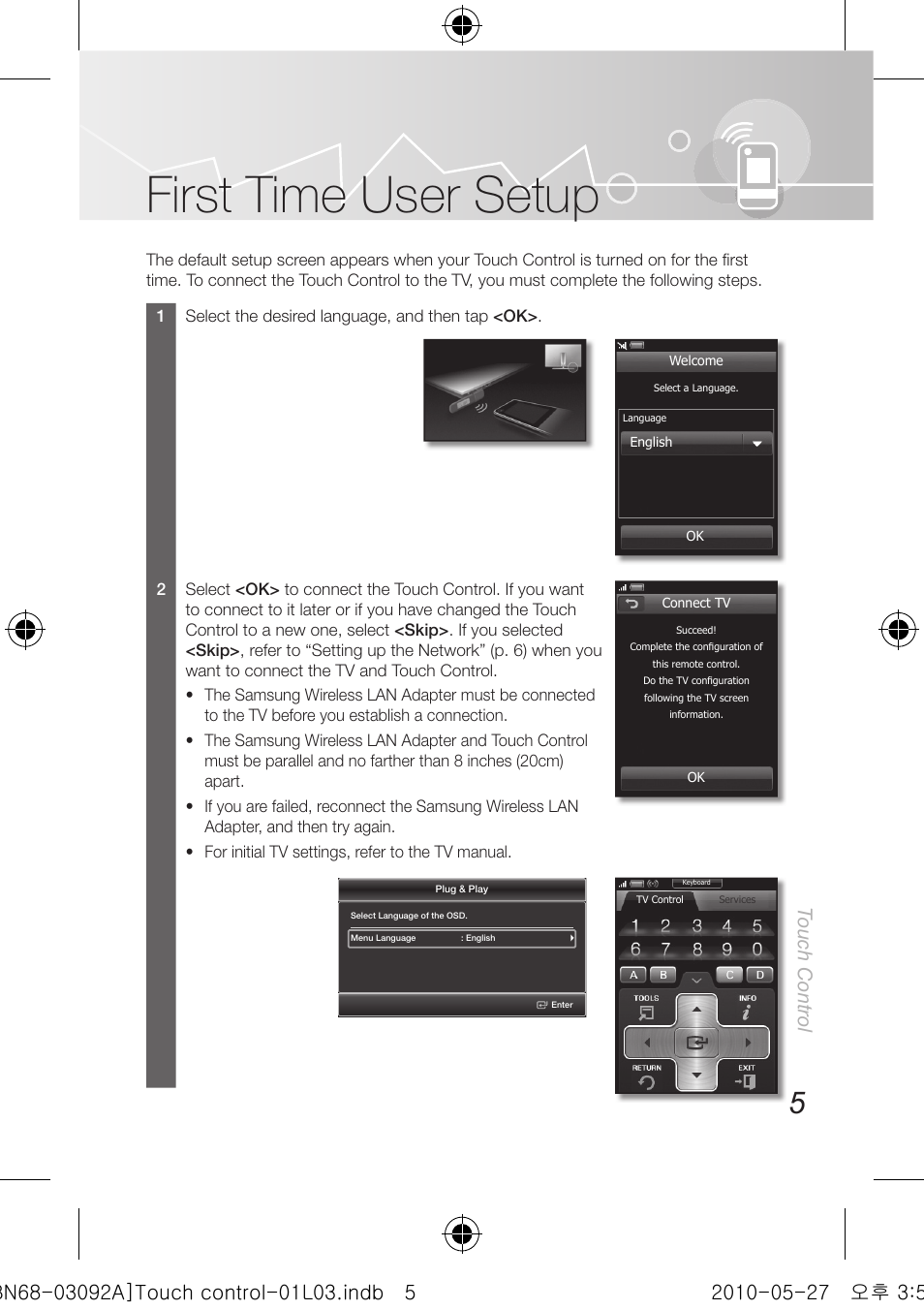 First time user setup, Touch control | Samsung UN46C9000ZFXZA User Manual | Page 5 / 74