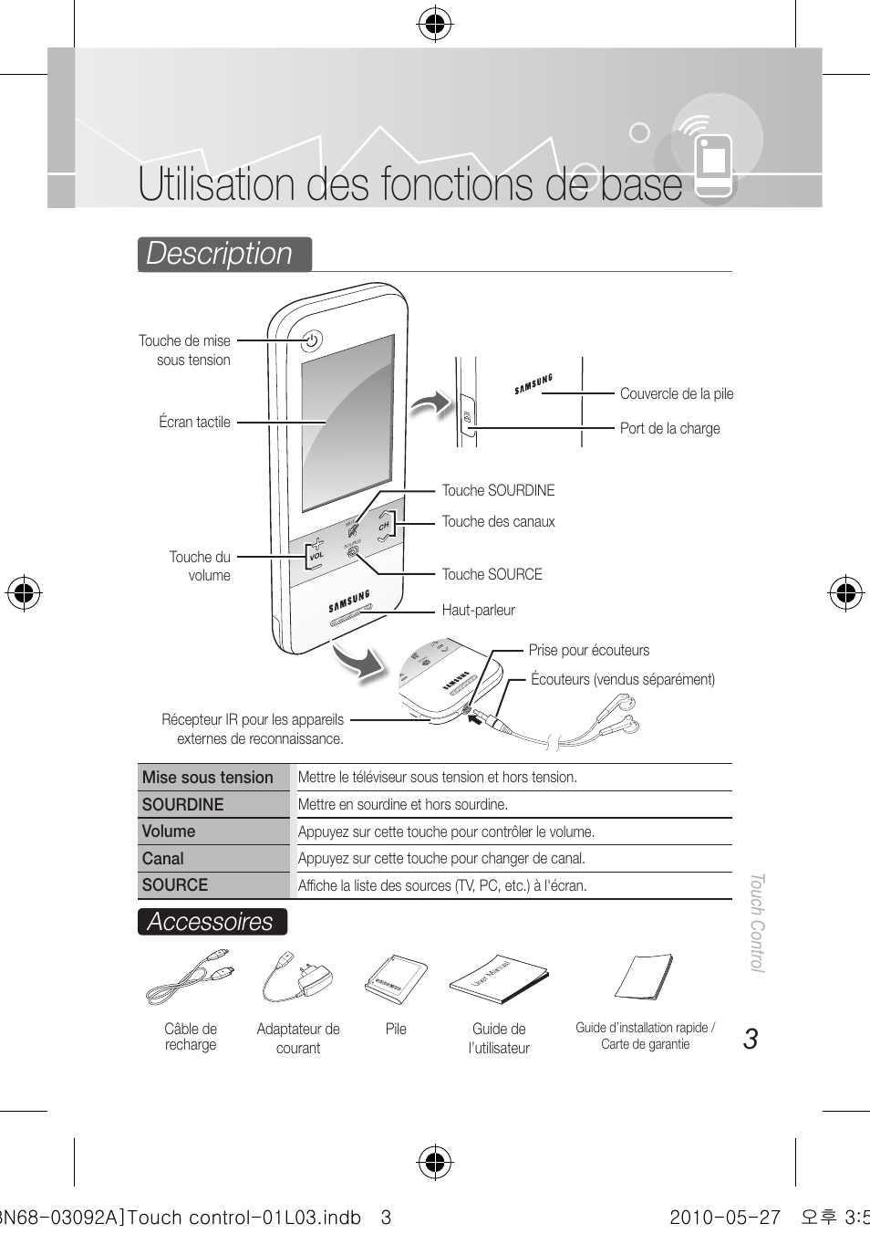 Utilisation des fonctions de base, Description, Accessoires | Touch control | Samsung UN46C9000ZFXZA User Manual | Page 51 / 74