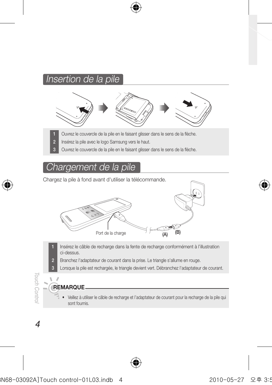Chargement de la pile, Insertion de la pile, Touch control | Remarque | Samsung UN46C9000ZFXZA User Manual | Page 52 / 74