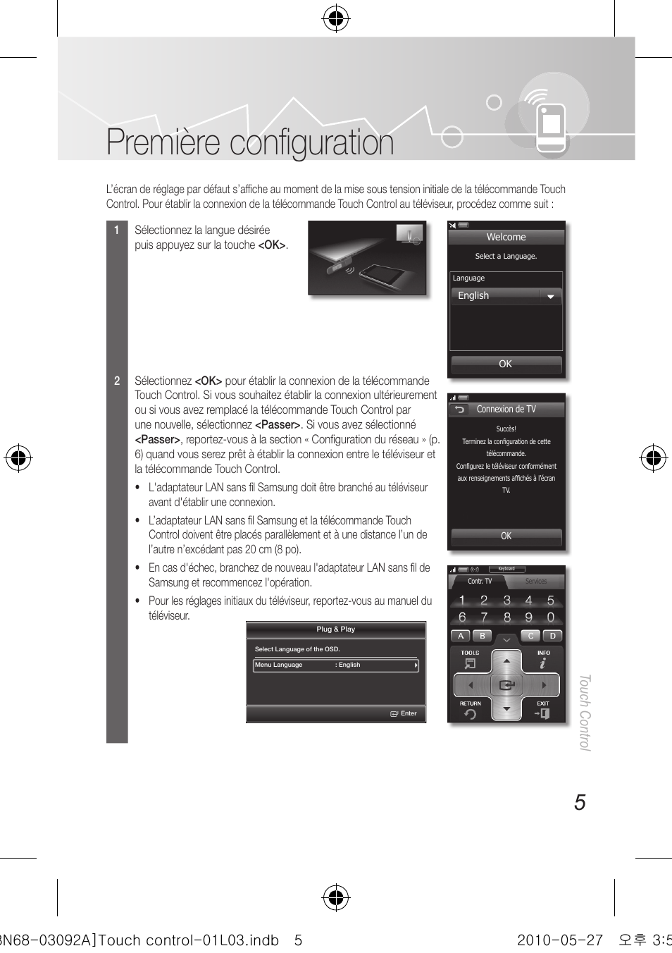 Première confi guration, Touch control | Samsung UN46C9000ZFXZA User Manual | Page 53 / 74
