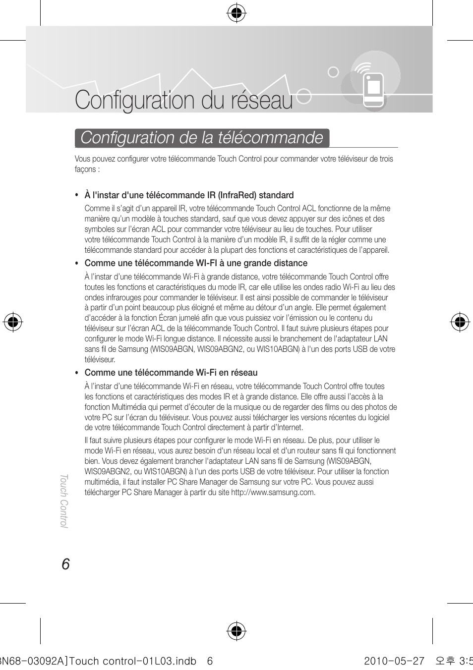 Confi guration du réseau, Confi guration de la télécommande | Samsung UN46C9000ZFXZA User Manual | Page 54 / 74