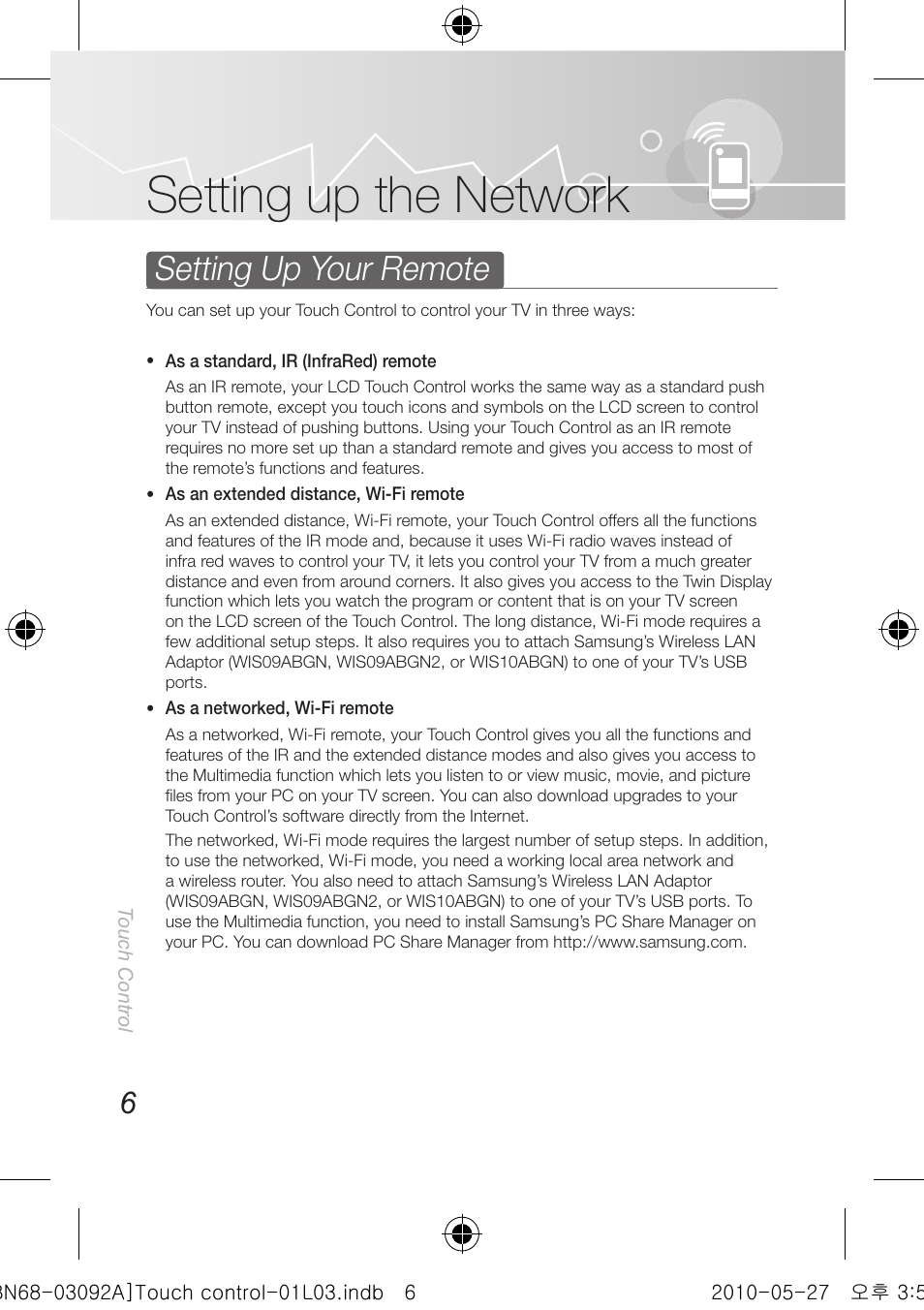 Setting up the network, Setting up your remote | Samsung UN46C9000ZFXZA User Manual | Page 6 / 74