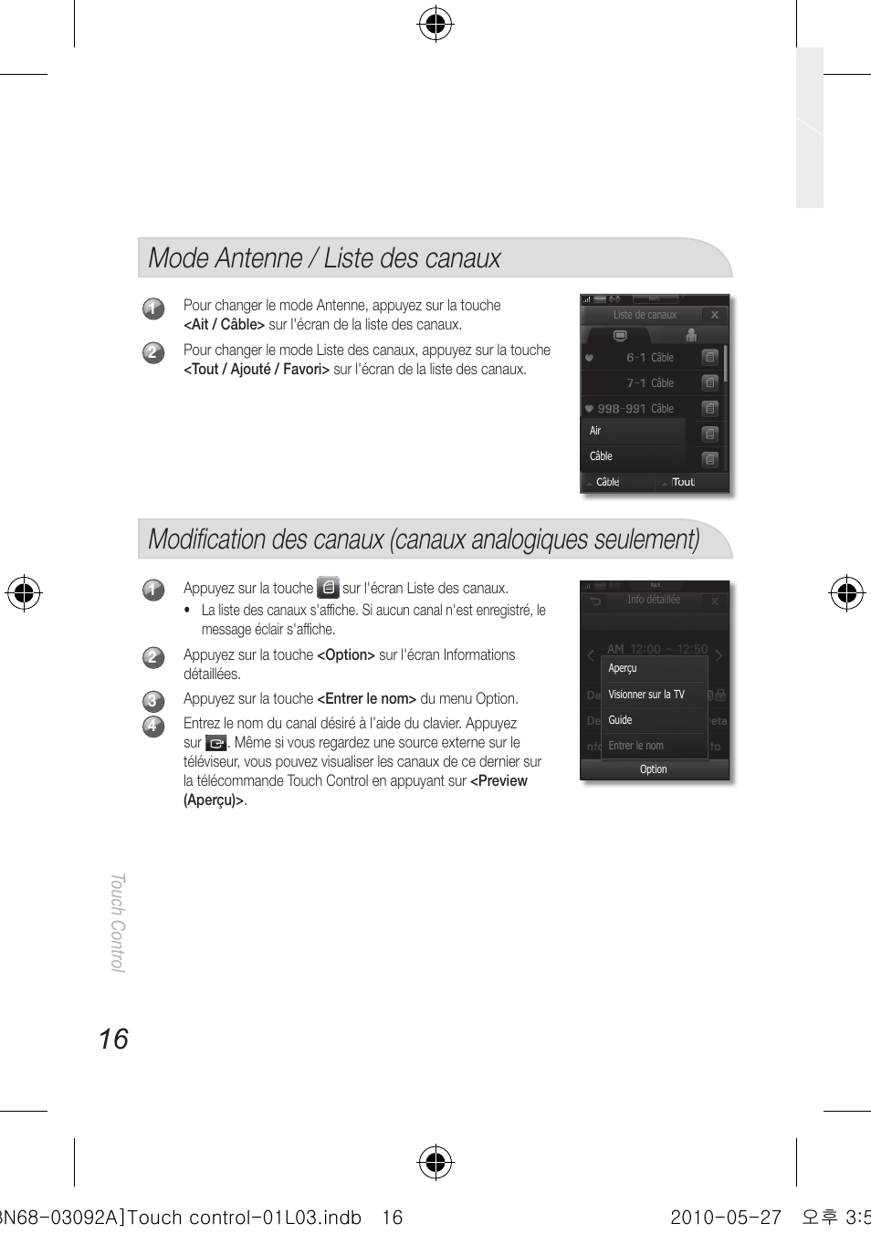 Mode antenne / liste des canaux, Touch control | Samsung UN46C9000ZFXZA User Manual | Page 64 / 74