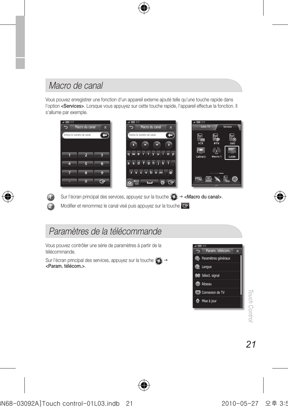 Macro de canal, Paramètres de la télécommande, Touch control | Samsung UN46C9000ZFXZA User Manual | Page 69 / 74