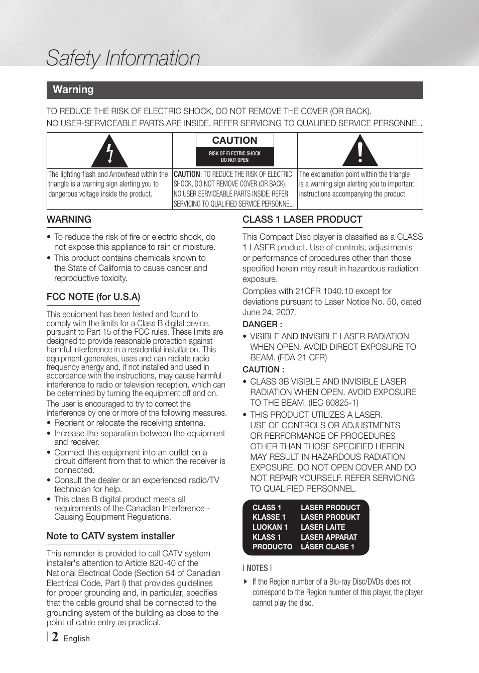 Safety information, Warning | Samsung BD-F5900-ZA User Manual | Page 2 / 68