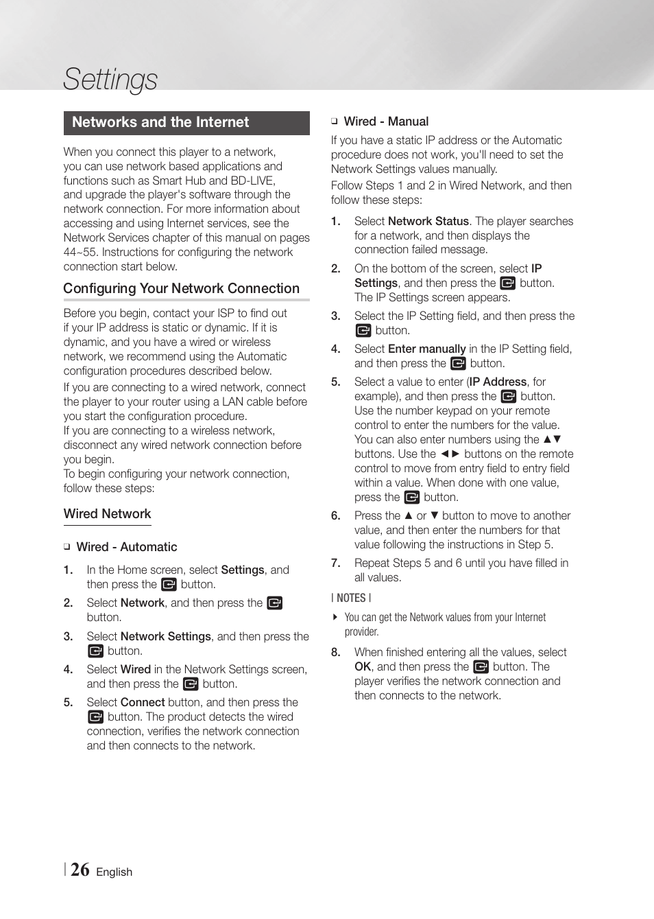 Networks and the internet, Configuring your network connection, Settings | Samsung BD-F5900-ZA User Manual | Page 26 / 68