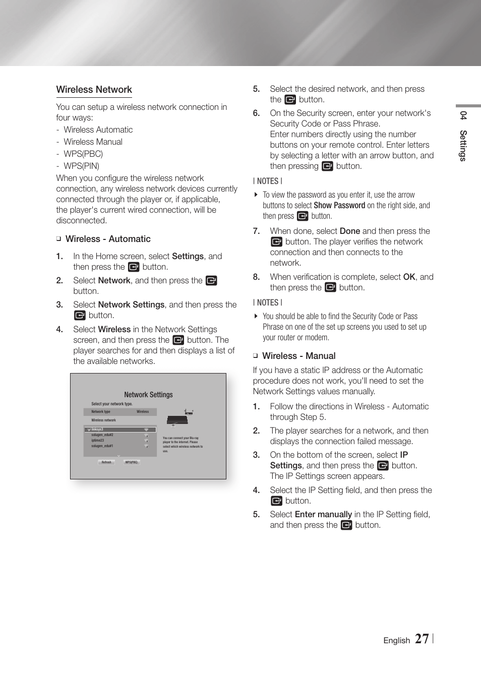 Wireless network | Samsung BD-F5900-ZA User Manual | Page 27 / 68