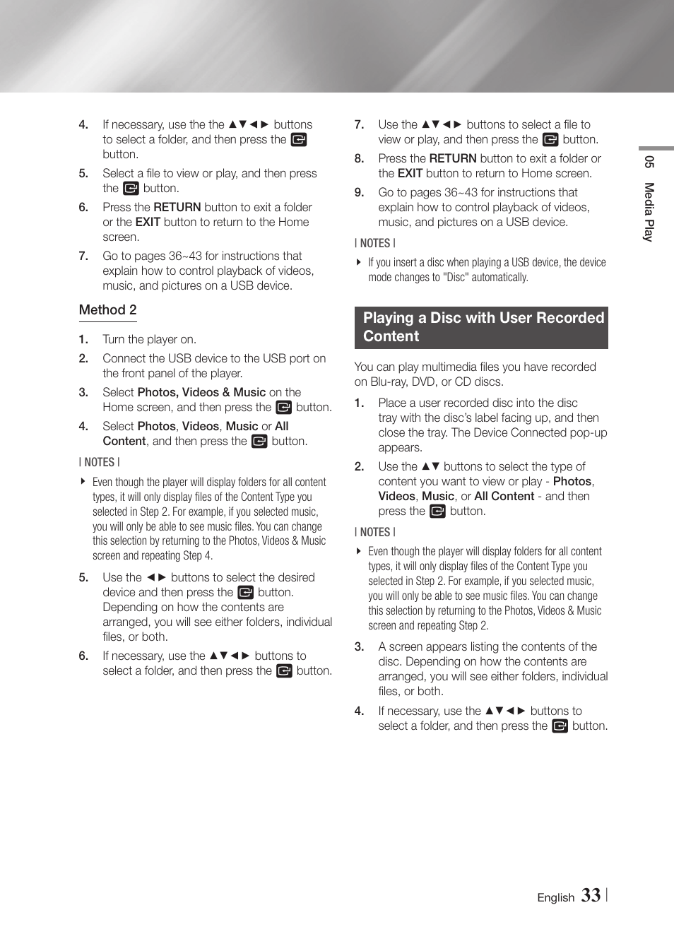Playing a disc with user recorded content | Samsung BD-F5900-ZA User Manual | Page 33 / 68