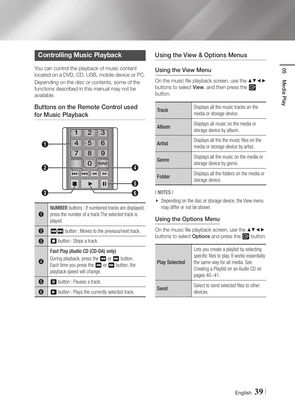 Controlling music playback, Using the view & options menus | Samsung BD-F5900-ZA User Manual | Page 39 / 68