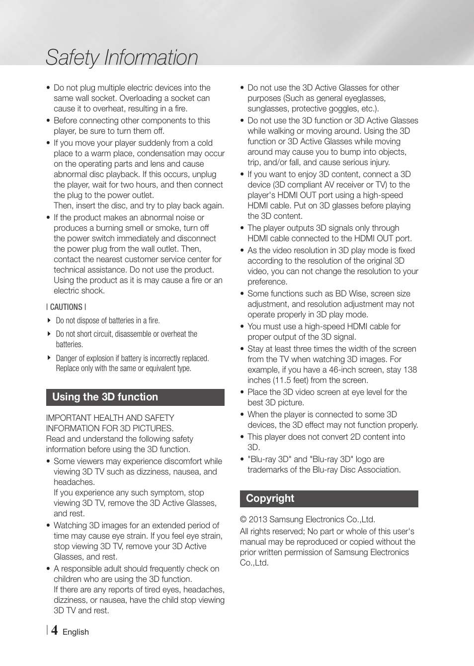 Using the 3d function, Copyright, Safety information | Samsung BD-F5900-ZA User Manual | Page 4 / 68