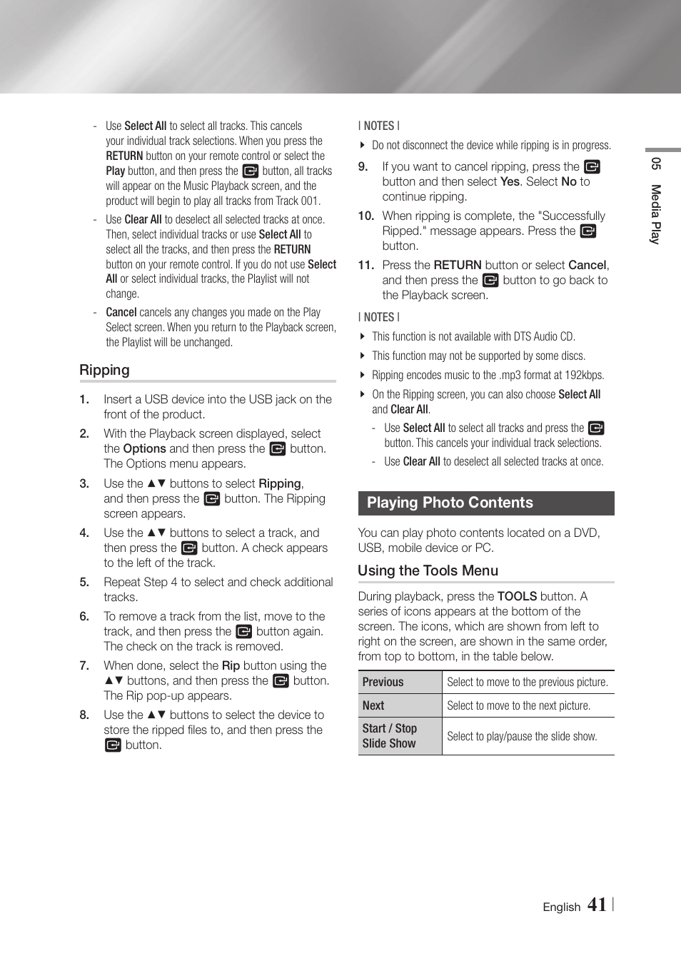 Ripping, Playing photo contents, Using the tools menu | Samsung BD-F5900-ZA User Manual | Page 41 / 68