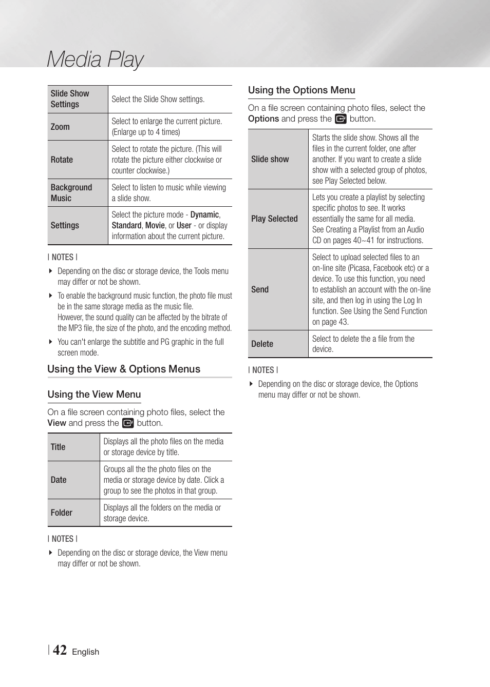 Using the view & options menus, Media play | Samsung BD-F5900-ZA User Manual | Page 42 / 68