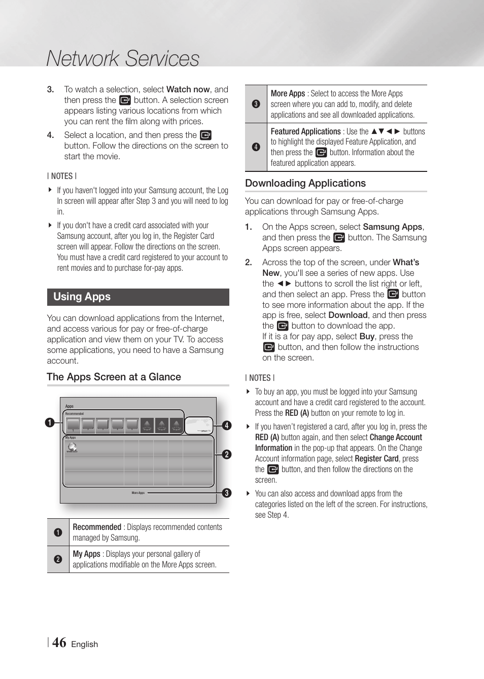 Using apps, The apps screen at a glance, Downloading applications | Network services | Samsung BD-F5900-ZA User Manual | Page 46 / 68