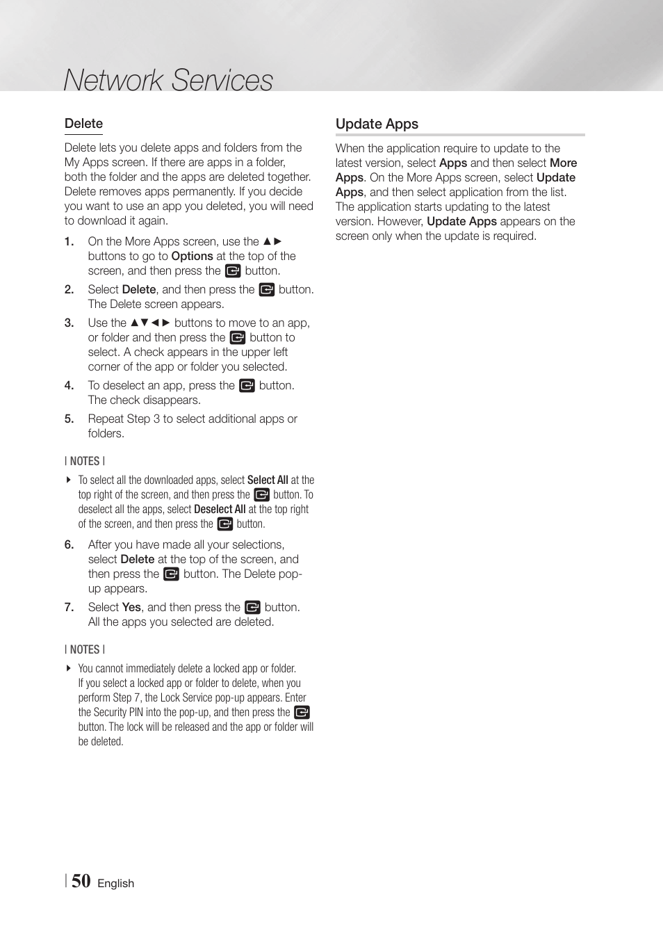 Update apps, Network services | Samsung BD-F5900-ZA User Manual | Page 50 / 68