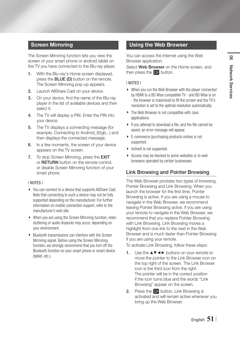 Screen mirroring, Using the web browser, Link browsing and pointer browsing | Samsung BD-F5900-ZA User Manual | Page 51 / 68