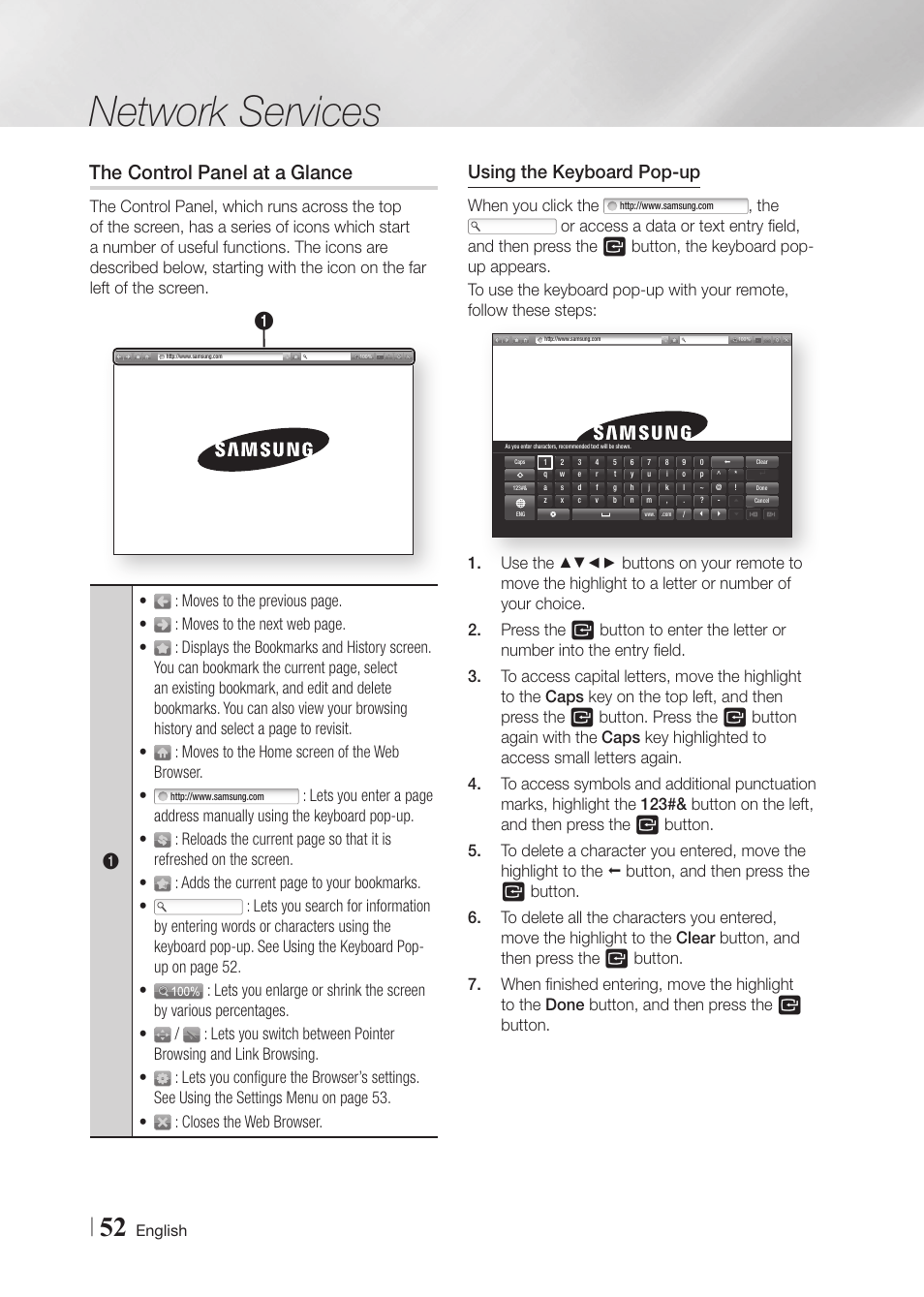 The control panel at a glance, Network services, Using the keyboard pop-up | Samsung BD-F5900-ZA User Manual | Page 52 / 68