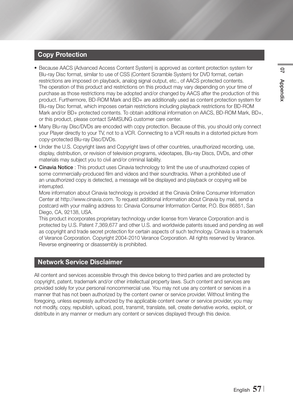 Copy protection, Network service disclaimer | Samsung BD-F5900-ZA User Manual | Page 57 / 68