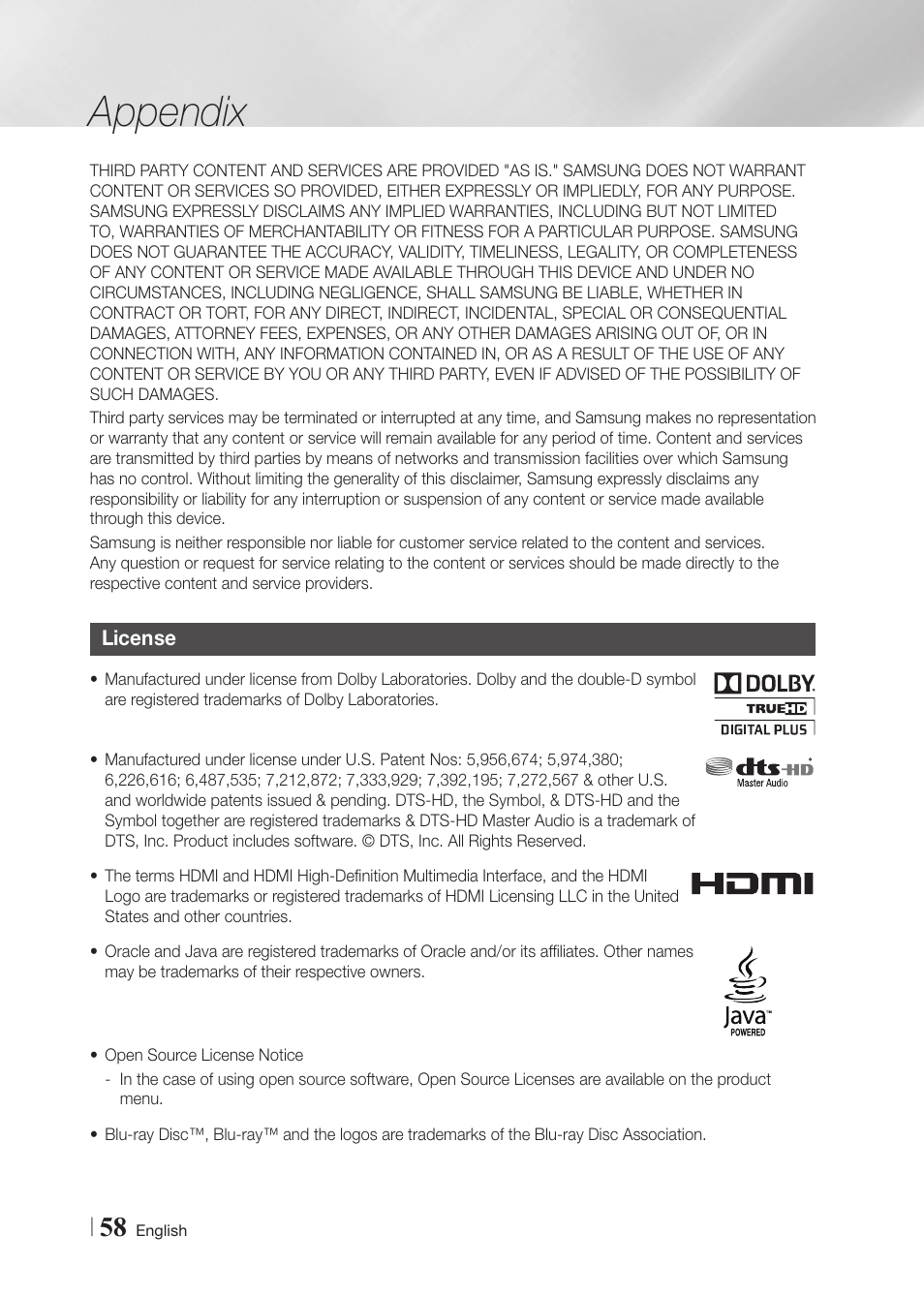 License, Appendix | Samsung BD-F5900-ZA User Manual | Page 58 / 68