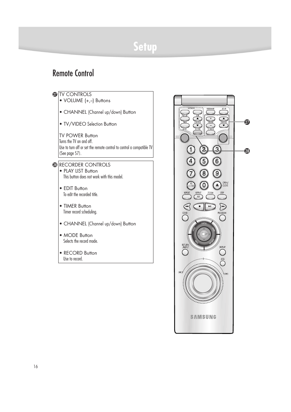 Setup, Remote control | Samsung DVD-R2000 User Manual | Page 16 / 65