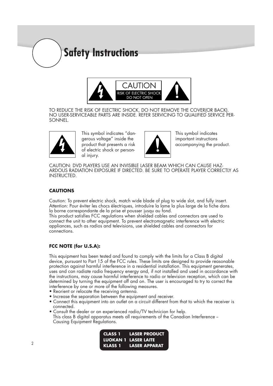 Safety instructions | Samsung DVD-R2000 User Manual | Page 2 / 65