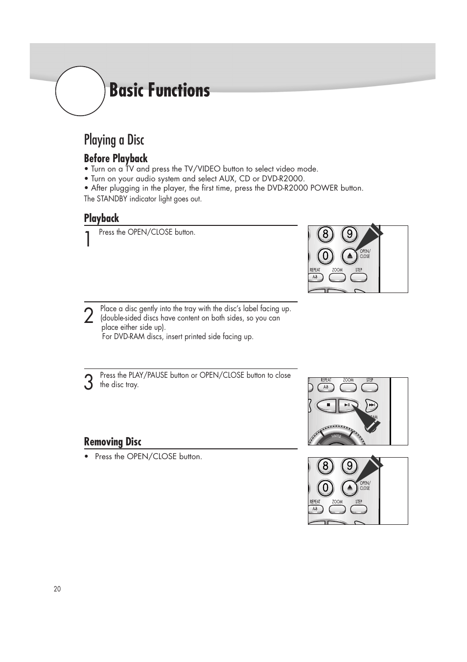 Basic functions, Playing a disc | Samsung DVD-R2000 User Manual | Page 20 / 65