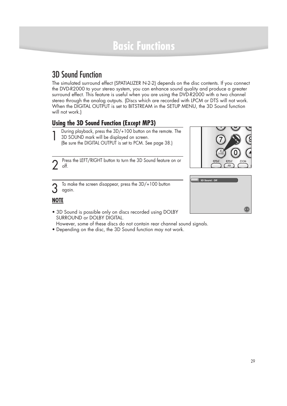 Basic functions, 3d sound function | Samsung DVD-R2000 User Manual | Page 29 / 65