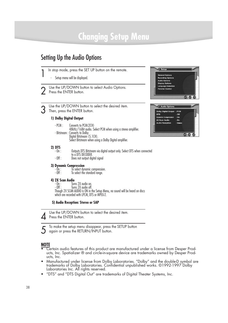 Changing setup menu, Setting up the audio options | Samsung DVD-R2000 User Manual | Page 38 / 65