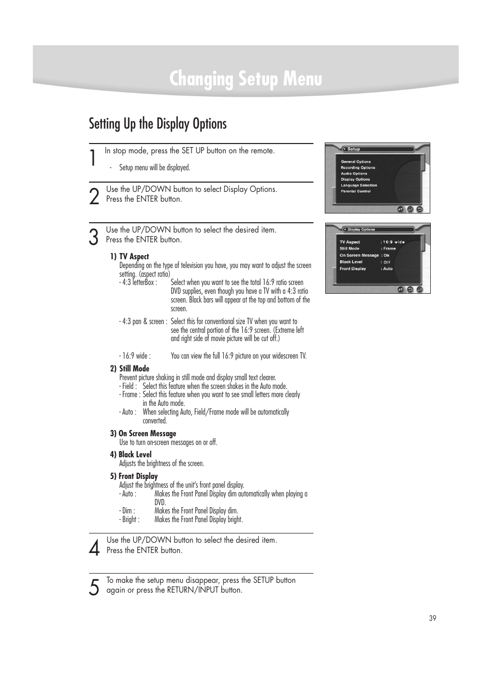 Changing setup menu, Setting up the display options | Samsung DVD-R2000 User Manual | Page 39 / 65