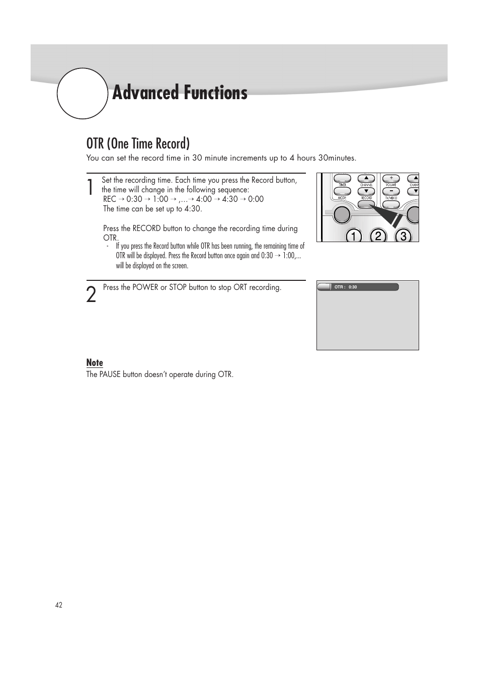 Advanced functions, Otr (one time record) | Samsung DVD-R2000 User Manual | Page 42 / 65